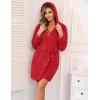Ekouaer Womens Hooded Bathrobe Plush Short Robe Super Soft Fleece Robe Luxury Sleepwear with Pockets(Red-jacquard)