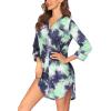 Ekouaer Women’s Nightgown V Neck Striped Button Down Sleepwear 3/4 Sleeves Nightshirts Soft Button Sleep Dress S-XXL(Blue Green Tie-dye)