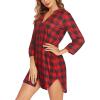 Ekouaer Women’s Nightgown V Neck Striped Button Down Sleepwear 3/4 Sleeves Nightshirts Soft Button Sleep Dress S-XXL(Red Plaid)