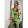 Ekouaer Womens Satin Silky Pajama Set Short Sleeve Shirt with Long Pajama Pant Set Soft PJ Loungewear(Army Green)