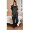 Ekouaer Womens Satin Silky Pajama Set Short Sleeve Shirt with Long Pajama Pant Set Soft PJ Loungewear(Black)
