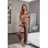 Ekouaer Womens Satin Silky Pajama Set Short Sleeve Shirt with Long Pajama Pant Set Soft PJ Loungewear(Brown)