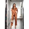 Ekouaer Womens Satin Silky Pajama Set Short Sleeve Shirt with Long Pajama Pant Set Soft PJ Loungewear(Caramel)