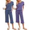 Ekouaer 2 Pack: Women’s Pajamas Set Short Sleeve Sleepwear Capri Pants Pjs Soft Loungewear with Pockets(Blue Stripe/Navy Dots)