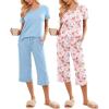 Ekouaer 2 Pack: Women’s Pajamas Set Short Sleeve Sleepwear Capri Pants Pjs Soft Loungewear with Pockets(Floral Print / Blue)