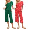 Ekouaer 2 Pack: Women’s Pajamas Set Short Sleeve Sleepwear Capri Pants Pjs Soft Loungewear with Pockets(Green/Red Christmas Print)