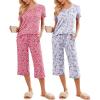 Ekouaer 2 Pack: Women’s Pajamas Set Short Sleeve Sleepwear Capri Pants Pjs Soft Loungewear with Pockets(Leopard /Butterfly Print)