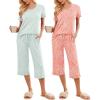 Ekouaer 2 Pack: Women’s Pajamas Set Short Sleeve Sleepwear Capri Pants Pjs Soft Loungewear with Pockets(Leopard/Daisies)