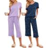 Ekouaer 2 Pack: Women’s Pajamas Set Short Sleeve Sleepwear Capri Pants Pjs Soft Loungewear with Pockets(Lilac Dots/Navy Star)