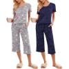 Ekouaer 2 Pack: Women’s Pajamas Set Short Sleeve Sleepwear Capri Pants Pjs Soft Loungewear with Pockets(Navy Star / Coffee)