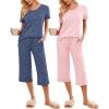 Ekouaer 2 Pack: Women’s Pajamas Set Short Sleeve Sleepwear Capri Pants Pjs Soft Loungewear with Pockets(Pink Stripe/Navy Dots)