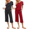 Ekouaer 2 Pack: Women’s Pajamas Set Short Sleeve Sleepwear Capri Pants Pjs Soft Loungewear with Pockets(Red/Black Star)