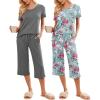 Ekouaer 2 Pack: Women’s Pajamas Set Short Sleeve Sleepwear Capri Pants Pjs Soft Loungewear with Pockets(Rose Print / Grey)