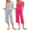 Ekouaer 2 Pack: Women’s Pajamas Set Short Sleeve Sleepwear Capri Pants Pjs Soft Loungewear with Pockets(Rose Red/Grey Stars)