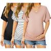 Ekouaer 3 Pack Maternity Shirts V Neck Dolman Sleeve Side Ruched Pregnancy Tops Tunic Blouse(Black/Pink/Stripe)