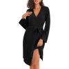 Ekouaer Robe for Women Ribbed Knit Bathrobe Soft Knee Length Kimono Robes Ladies Sleepwear with Pockets S-XXL(Black)