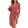 Ekouaer Robe for Women Ribbed Knit Bathrobe Soft Knee Length Kimono Robes Ladies Sleepwear with Pockets S-XXL(Dark Red)