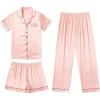 Ekouaer Silk Pajamas for Women Set Satin Pjs Soft Short Sleeve Button Down Sleepwear 3 Piece Loungewear S-XXL(A-pink)