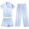 Ekouaer Silk Pajamas for Women Set Satin Pjs Soft Short Sleeve Button Down Sleepwear 3 Piece Loungewear S-XXL(Clear Blue)
