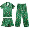Ekouaer Silk Pajamas for Women Set Satin Pjs Soft Short Sleeve Button Down Sleepwear 3 Piece Loungewear S-XXL(Green Christmas)