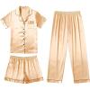 Ekouaer Silk Pajamas for Women Set Satin Pjs Soft Short Sleeve Button Down Sleepwear 3 Piece Loungewear S-XXL(Khaki)