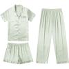 Ekouaer Silk Pajamas for Women Set Satin Pjs Soft Short Sleeve Button Down Sleepwear 3 Piece Loungewear S-XXL(Light Green)