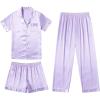 Ekouaer Silk Pajamas for Women Set Satin Pjs Soft Short Sleeve Button Down Sleepwear 3 Piece Loungewear S-XXL(Lilac)