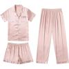 Ekouaer Silk Pajamas for Women Set Satin Pjs Soft Short Sleeve Button Down Sleepwear 3 Piece Loungewear S-XXL(Lotus Pink)