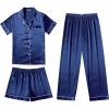 Ekouaer Silk Pajamas for Women Set Satin Pjs Soft Short Sleeve Button Down Sleepwear 3 Piece Loungewear S-XXL(Navy Blue)