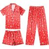 Ekouaer Silk Pajamas for Women Set Satin Pjs Soft Short Sleeve Button Down Sleepwear 3 Piece Loungewear S-XXL(Red Christmas)