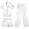Ekouaer Silk Pajamas for Women Set Satin Pjs Soft Short Sleeve Button Down Sleepwear 3 Piece Loungewear S-XXL(White)