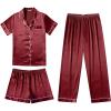Ekouaer Silk Pajamas for Women Set Satin Pjs Soft Short Sleeve Button Down Sleepwear 3 Piece Loungewear S-XXL(Wine Red)