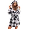 Ekouaer Womens Hooded Bathrobe Plush Short Robe Super Soft Fleece Robe Luxury Sleepwear with Pockets(Plaid White)