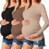 Ekouaer Womens Maternity Shirts Long Sleeve 3 Packs Pregnancy Tee Top Tunic Blouse Casual Mama Clothes S-XXL(3pcs Black / Brown / Khaki)