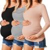 Ekouaer Womens Maternity Shirts Long Sleeve 3 Packs Pregnancy Tee Top Tunic Blouse Casual Mama Clothes S-XXL(3pcs Black / Dirty Pink / White Stripe)