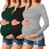 Ekouaer Womens Maternity Shirts Long Sleeve 3 Packs Pregnancy Tee Top Tunic Blouse Casual Mama Clothes S-XXL(3pcs Black / Green / White Stripe)