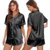 Ekouaer Womens Silk Satin Pajamas Set Short Sleeve Sleepwear Button Down Top and Shorts Loungewear 2 Piece Pjs Set S-XXL(Black)