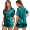 Ekouaer Womens Silk Satin Pajamas Set Short Sleeve Sleepwear Button Down Top and Shorts Loungewear 2 Piece Pjs Set S-XXL(Dark Green)