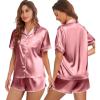 Ekouaer Womens Silk Satin Pajamas Set Short Sleeve Sleepwear Button Down Top and Shorts Loungewear 2 Piece Pjs Set S-XXL(Dusty Rose)