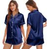 Ekouaer Womens Silk Satin Pajamas Set Short Sleeve Sleepwear Button Down Top and Shorts Loungewear 2 Piece Pjs Set S-XXL(Navy Blue)