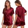 Ekouaer Womens Silk Satin Pajamas Set Short Sleeve Sleepwear Button Down Top and Shorts Loungewear 2 Piece Pjs Set S-XXL(Wine Red)