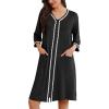 Ekouaer Zipper Robes for Women 3/4 Sleeves Lightweight House Coat Zip Up Bathrobe Soft Nightgown with Pockets S-3XL(Black)