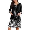 Ekouaer Zipper Robes for Women 3/4 Sleeves Lightweight House Coat Zip Up Bathrobe Soft Nightgown with Pockets S-3XL(Black White Floral)