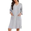 Ekouaer Zipper Robes for Women 3/4 Sleeves Lightweight House Coat Zip Up Bathrobe Soft Nightgown with Pockets S-3XL(Light Gray)