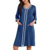 Ekouaer Zipper Robes for Women 3/4 Sleeves Lightweight House Coat Zip Up Bathrobe Soft Nightgown with Pockets S-3XL(Navy)