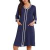 Ekouaer Zipper Robes for Women 3/4 Sleeves Lightweight House Coat Zip Up Bathrobe Soft Nightgown with Pockets S-3XL(Navy Blue)