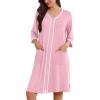 Ekouaer Zipper Robes for Women 3/4 Sleeves Lightweight House Coat Zip Up Bathrobe Soft Nightgown with Pockets S-3XL(Pink)