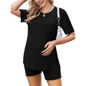 Ekoauer Women 2 Piece Maternity Pajamas Set Lightweight Pregnancy Outfit Ribbed Knit Postpartum Loungewear Set with Pocket(Black)