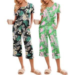 Ekouaer 2 Pack: Women’s Pajamas Set Short Sleeve Sleepwear Capri Pants Pjs Soft Loungewear with Pockets(Black Flower / Green Leaf)