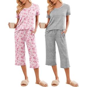 Ekouaer 2 Pack: Women’s Pajamas Set Short Sleeve Sleepwear Capri Pants Pjs Soft Loungewear with Pockets(Butterfly / Gray Stripe)